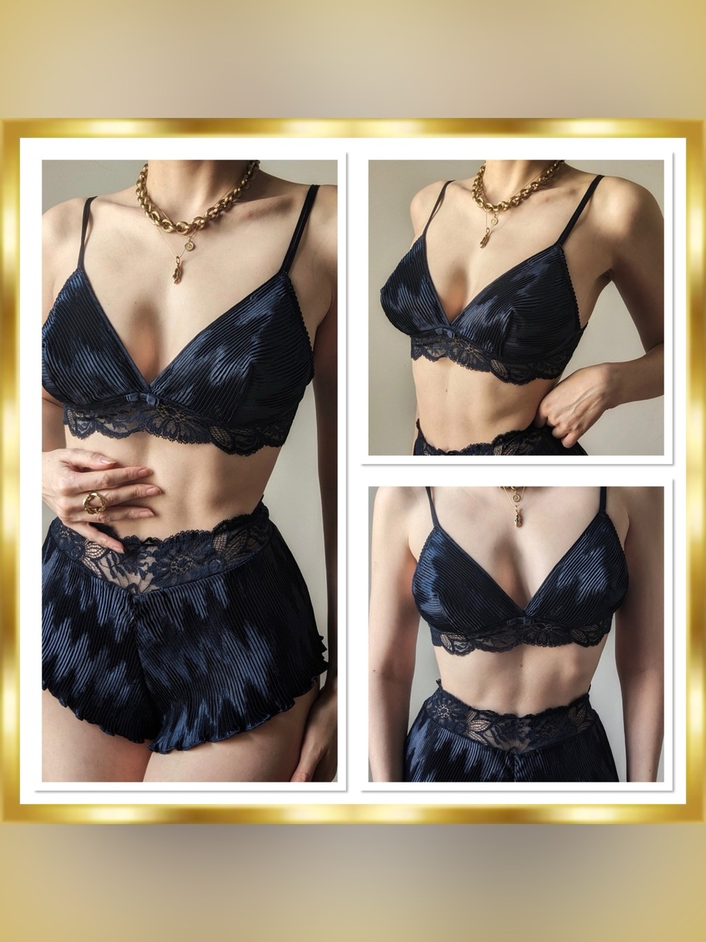La Perla Plisse Black Pleated Satin/Lace Triangle Bra Documented Sz 2 Y2K Era
